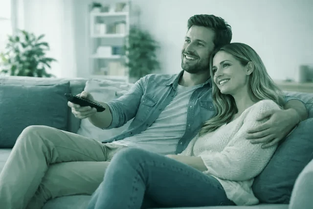 A family watching Tivo8k on the living-room television