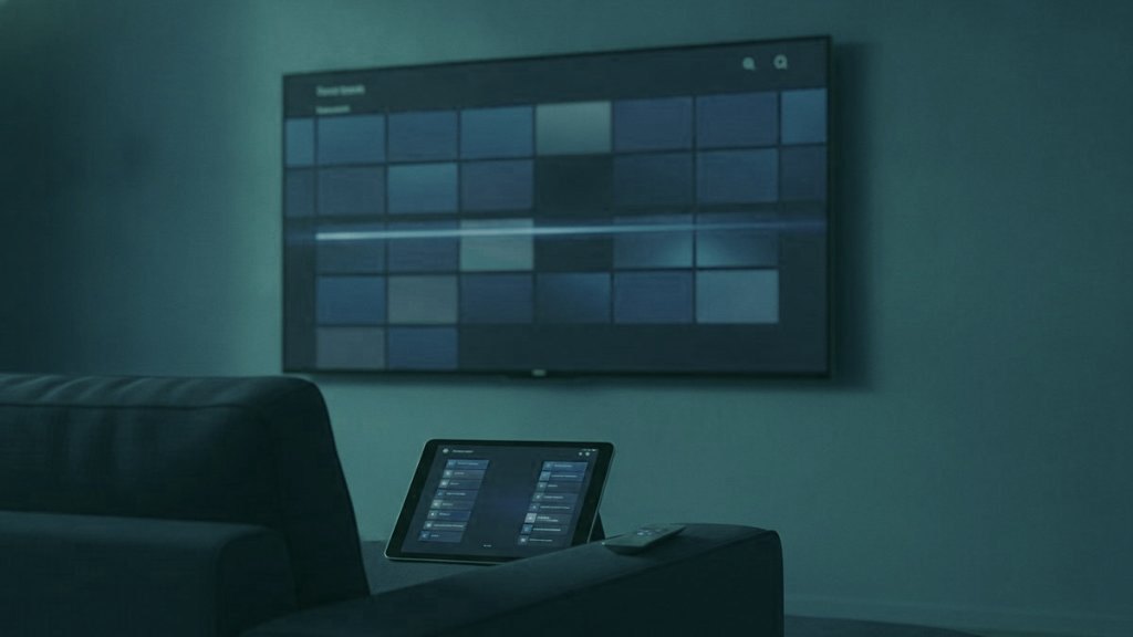 A TV showing a programme guide grid with a tablet and phone showing channel lists on a sofa