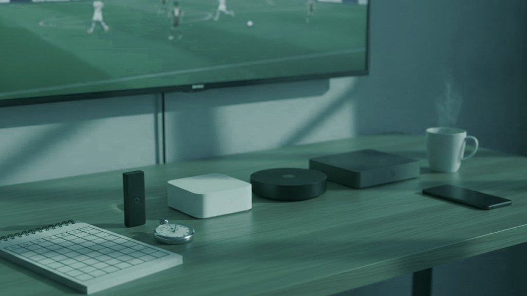 Five streaming devices, a notebook scoring grid and a stopwatch in front of a TV showing a football match
