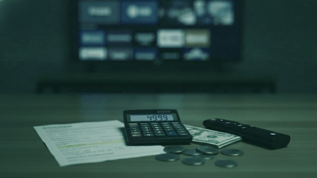 A calculator, dollar bills, coins, a streaming stick and a remote on a table in front of a TV