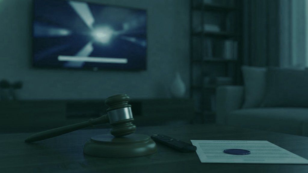 A judge gavel, a streaming remote and a sealed document on a coffee table in front of a TV