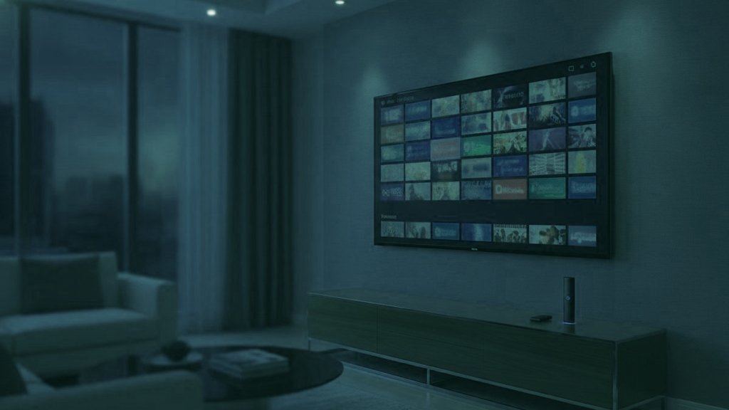 A living-room TV showing an IPTV channel guide with a streaming stick on the console