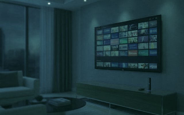 A living-room TV showing an IPTV channel guide with a streaming stick on the console